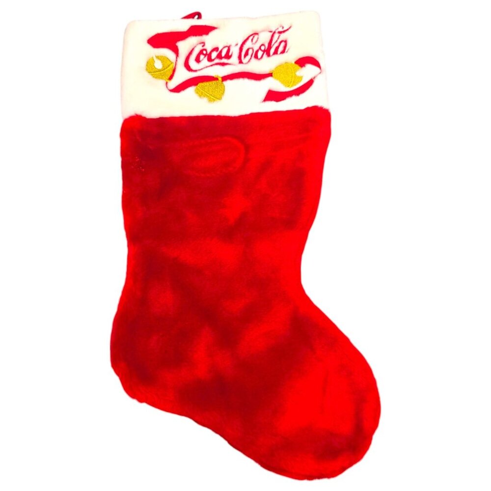 Coca-Cola Christmas Stocking Cavanagh Coke Brand Red Plush 18" Gold Bell Accents